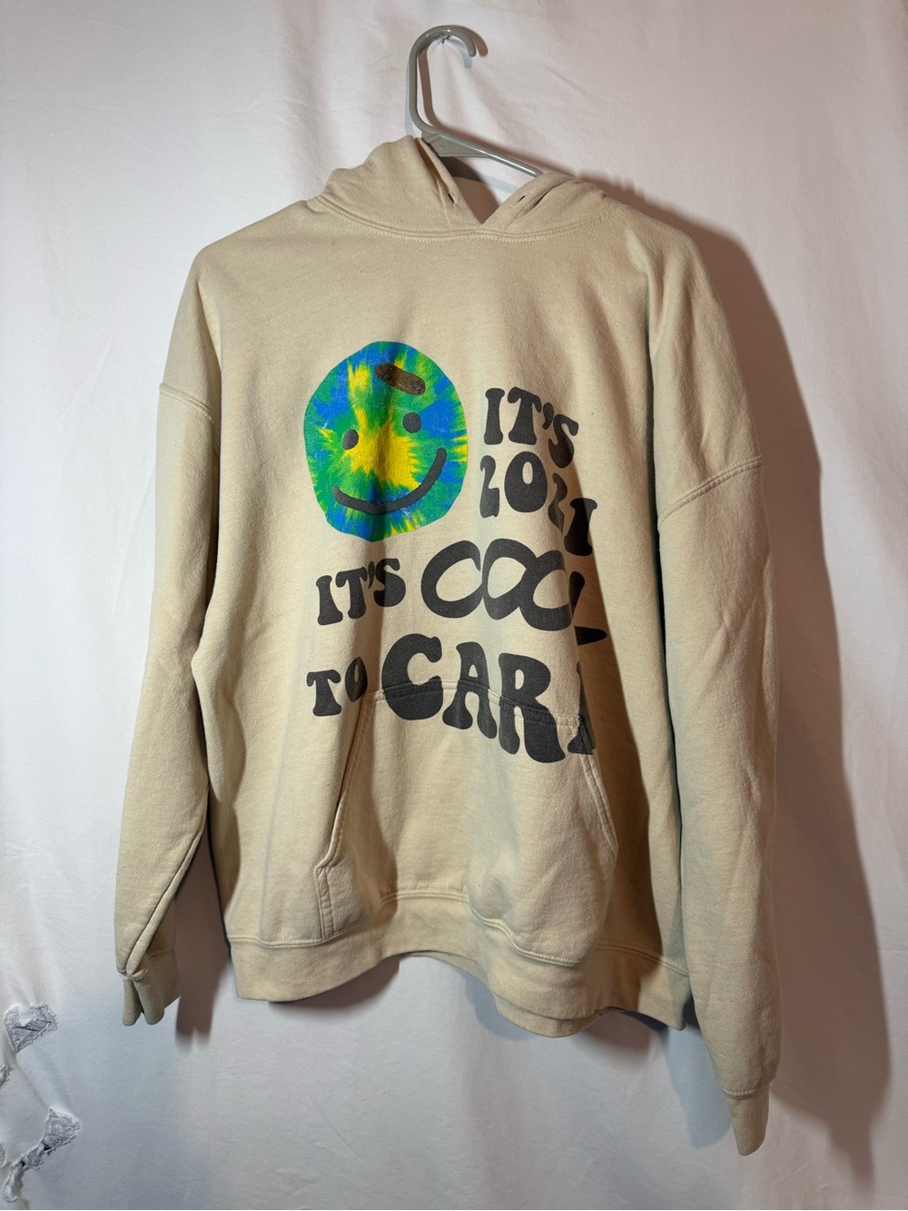 Lonely Ghost Its 2021 Its Cool To Care Hoodie Large Cream Tie Dye Smiley
